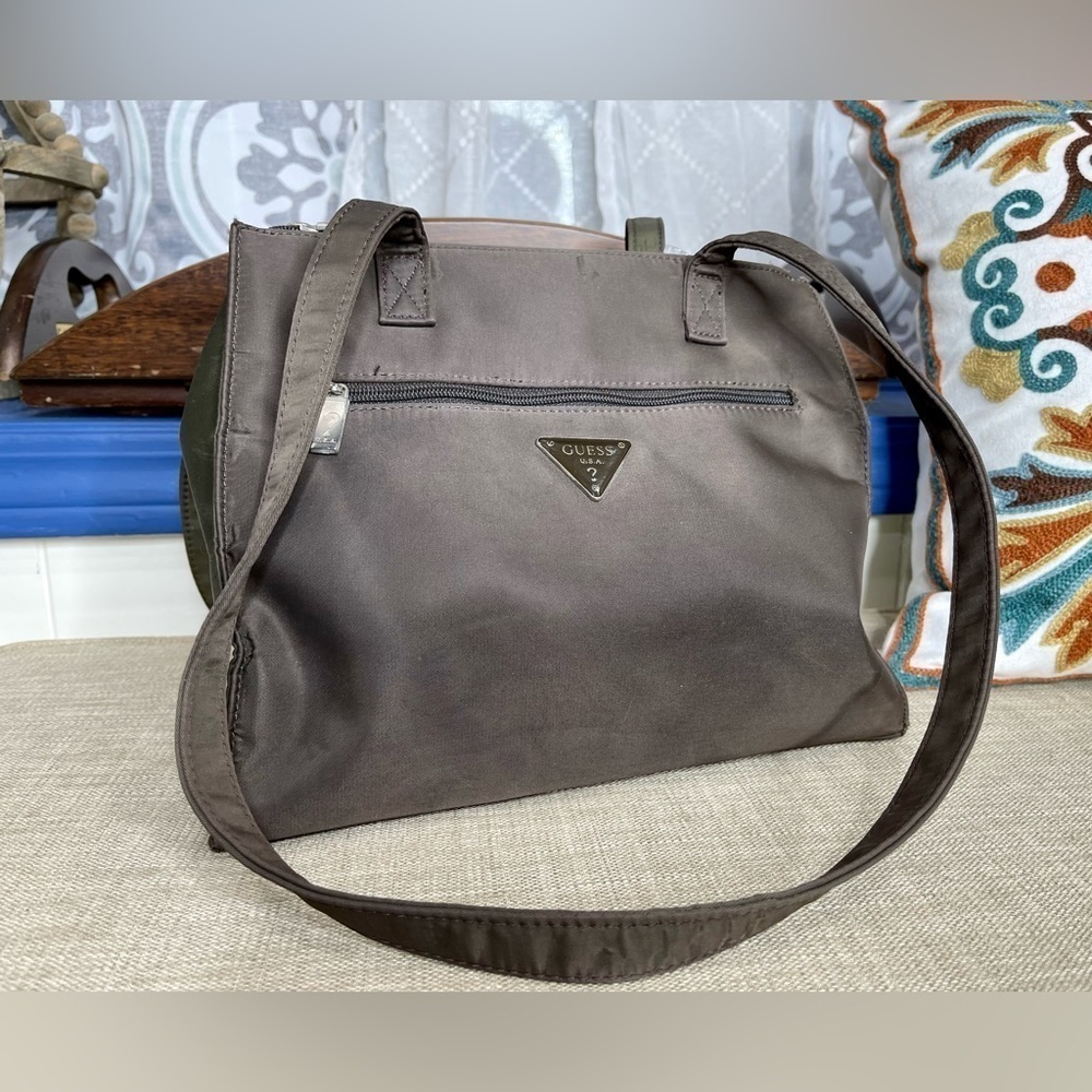 Vintage GUESS Brown Green Nylon Shoulder Bag Tote Purse Zipper